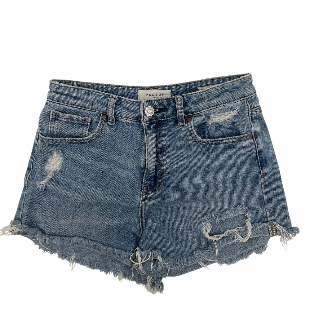 PACSUN Women's Mom Shorts Raw Hem Distressed 100% Cotton Denim Shorts Size 25